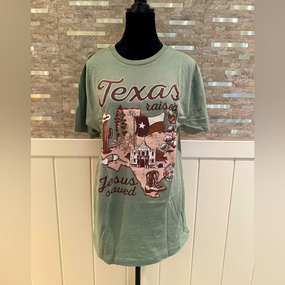 NEW NWOT Olive Green Texas Raised Jesus Saved Short Sleeve Tee Shirt M Medium